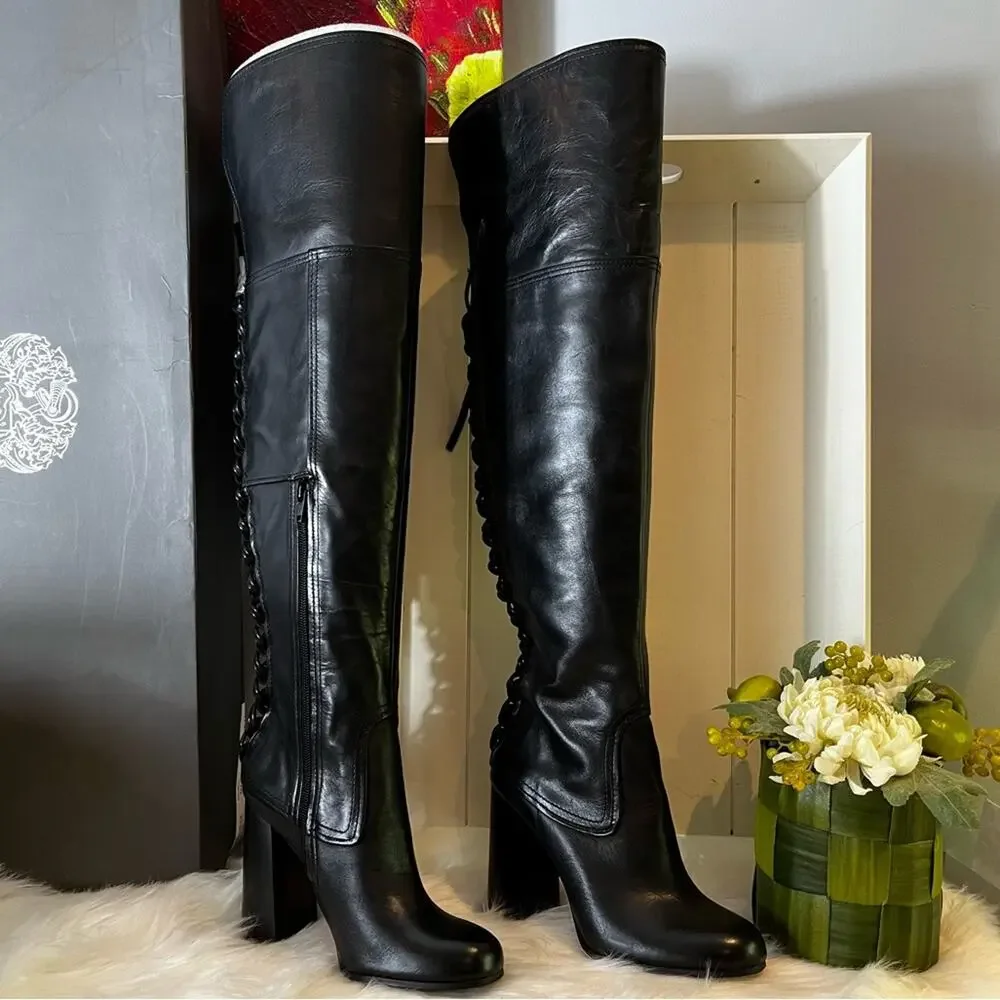 NEW Vince Camuto Corset Calf Leather Laced Tolla Over The Knee Boots Black Sz 6